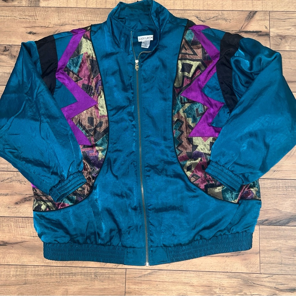 Lady Larson Teal Satin Bomber Jacket with Purple Accent